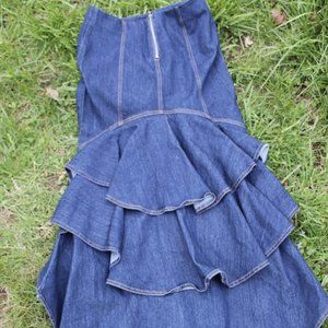 ruffled tiered blue jean skirt large hi low